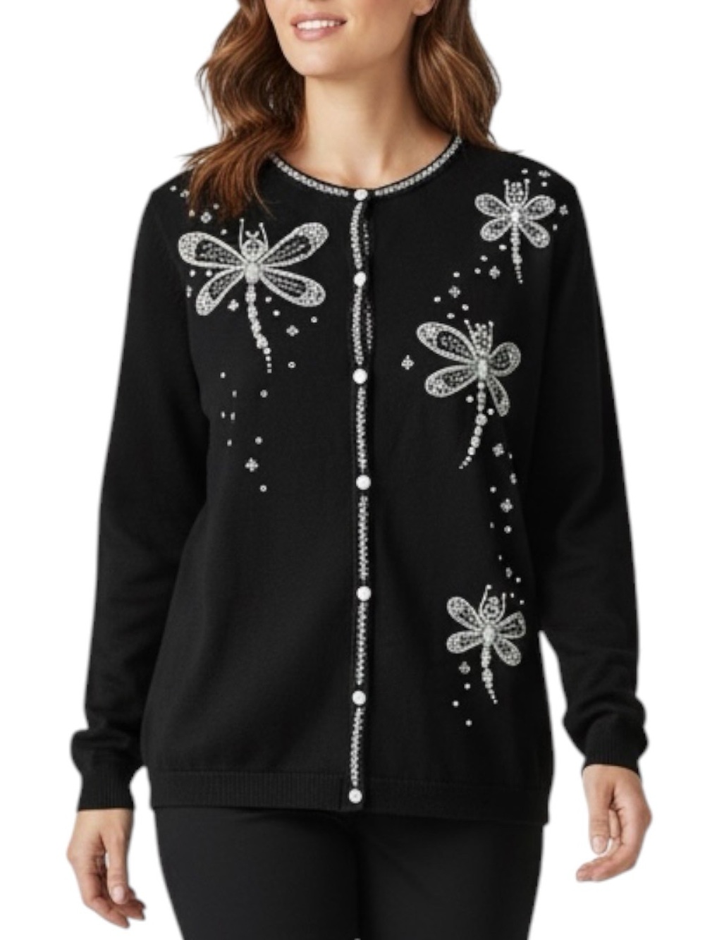 BOB MACKIE WEARABLE ART Dragonfly Crewneck Cardigan Sweater in Black Size Med